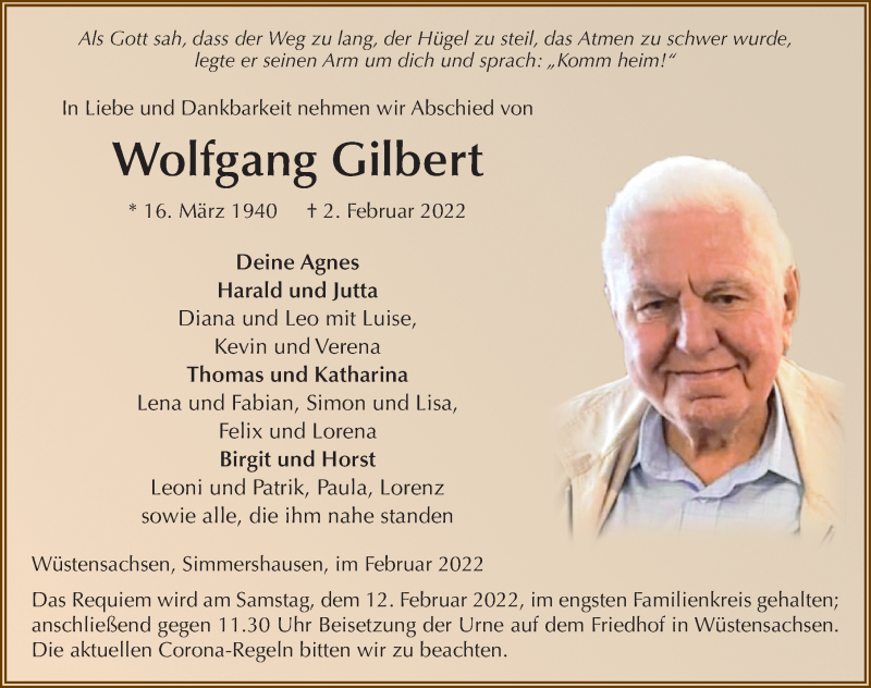 Traueranzeige für Wolfgang Gilbert vom 10.02.2022 aus FZ