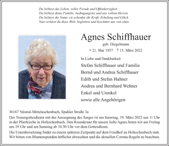 Traueranzeige von Agnes Schiffhauer von FZ