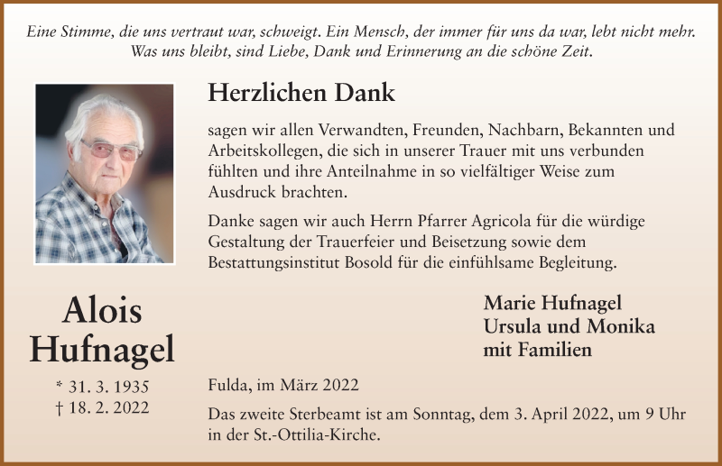  Traueranzeige für Alois Hufnagel vom 31.03.2022 aus FZ