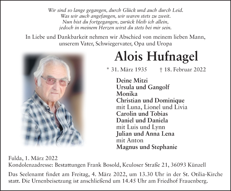  Traueranzeige für Alois Hufnagel vom 01.03.2022 aus FZ