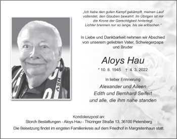 Traueranzeige von Aloys Hau von FZ