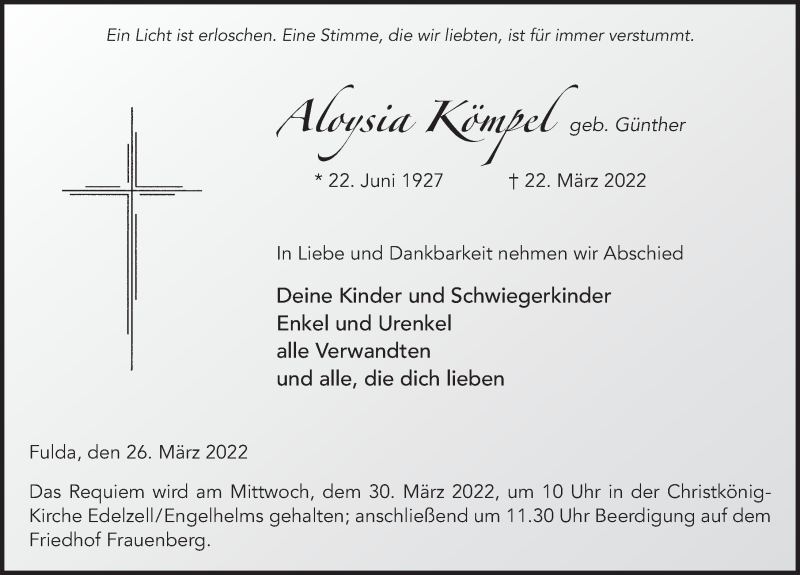  Traueranzeige für Aloysia Kömpel vom 26.03.2022 aus FZ