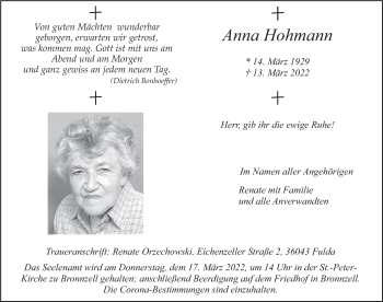 Traueranzeige von Anna Hohmann von FZ