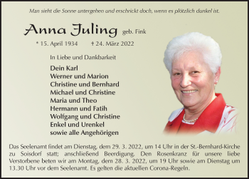 Traueranzeige von Anna Juling von FZ