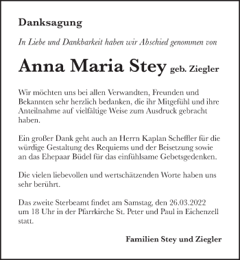 Traueranzeige von Anna Maria Stey von FZ