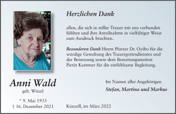 Traueranzeige von Anni Wald von FZ