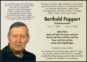 Traueranzeige von Berthold Pappert von FZ