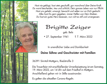 Traueranzeige von Brigitte Zeiger von FZ