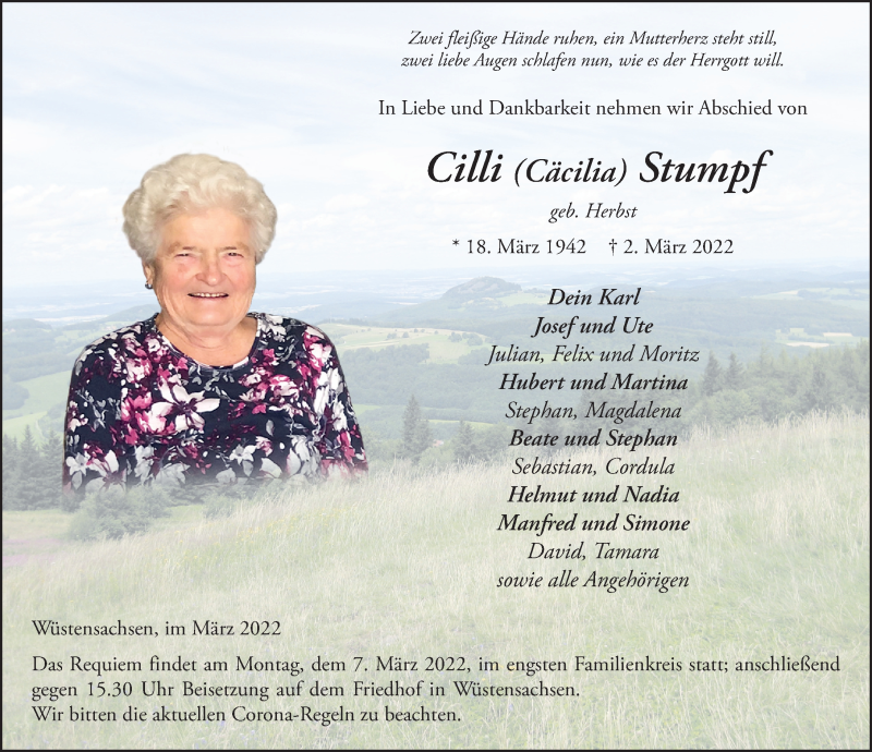  Traueranzeige für Cäcilia Stumpf vom 05.03.2022 aus FZ