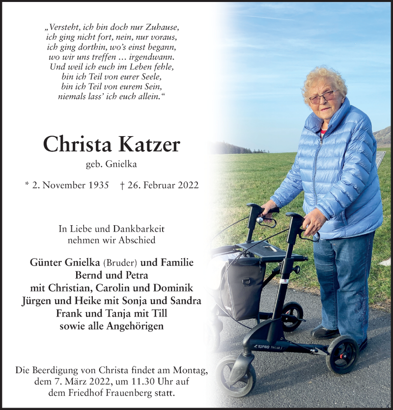  Traueranzeige für Christa Katzer vom 03.03.2022 aus FZ