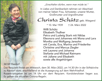 Traueranzeige von Christa Schütz von FZ