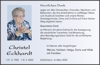Traueranzeige von Christel Eckhardt von FZ