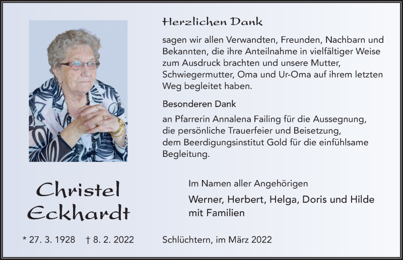  Traueranzeige für Christel Eckhardt vom 26.03.2022 aus FZ