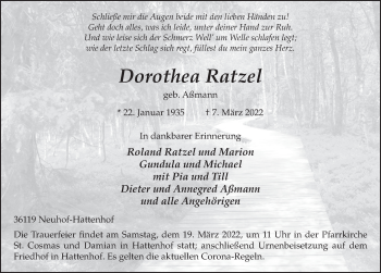 Traueranzeige von Dorothea Ratzel von FZ