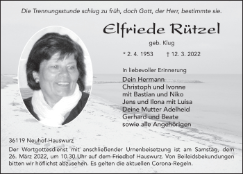 Traueranzeige von Elfriede Rützel von FZ