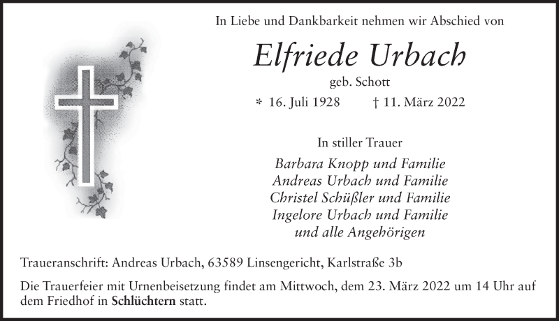  Traueranzeige für Elfriede Urbach vom 19.03.2022 aus FZ