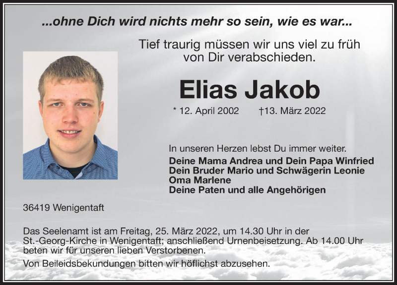  Traueranzeige für Elias Jakob vom 21.03.2022 aus FZ