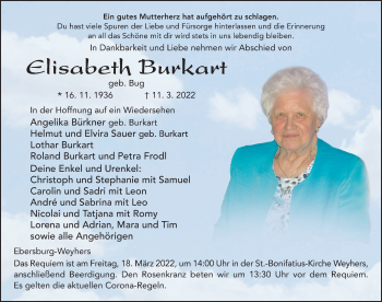 Traueranzeige von Elisabeth Burkart von FZ