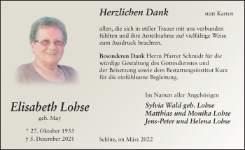 Traueranzeige von Elisabeth Lohse von FZ