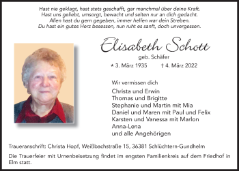 Traueranzeige von Elisabeth Schott von FZ