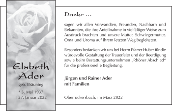 Traueranzeige von Elsbeth Ader von FZ