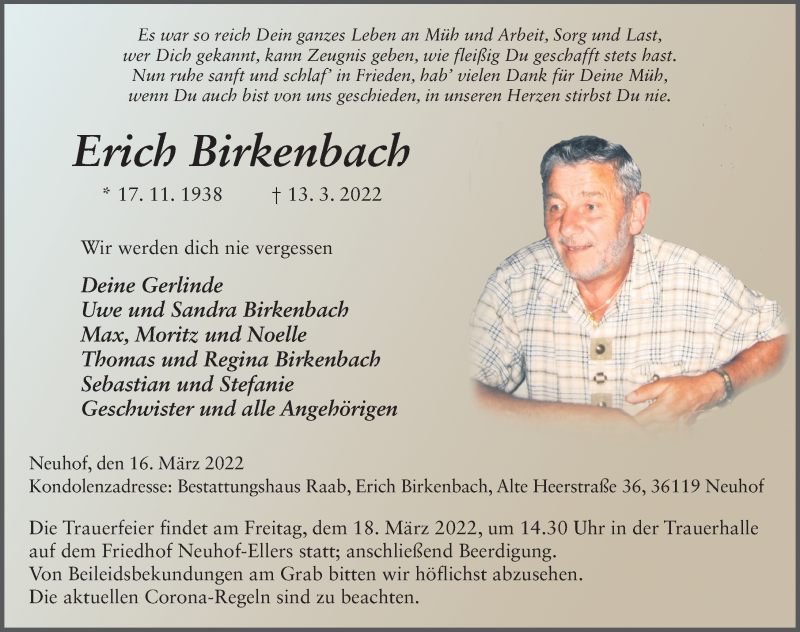  Traueranzeige für Erich Birkenbach vom 16.03.2022 aus FZ