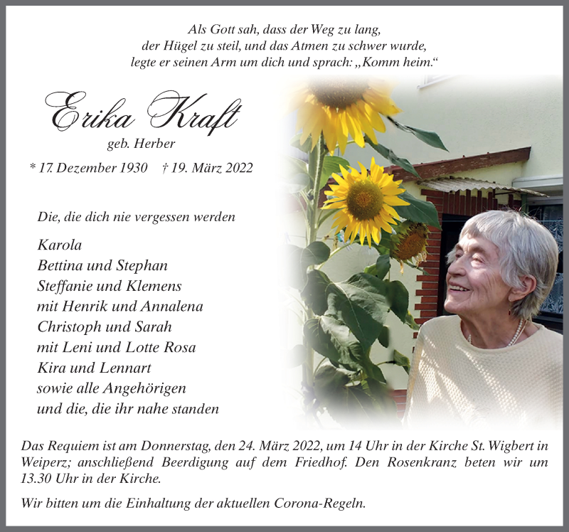  Traueranzeige für Erika Kraft vom 22.03.2022 aus FZ