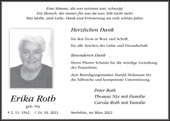 Traueranzeige von Erika Roth von FZ