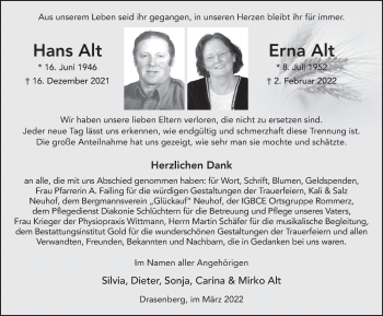 Traueranzeige von Hans und Erna Alt von FZ
