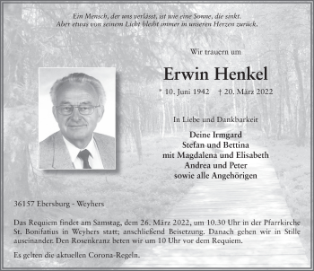 Traueranzeige von Erwin Henkel von FZ