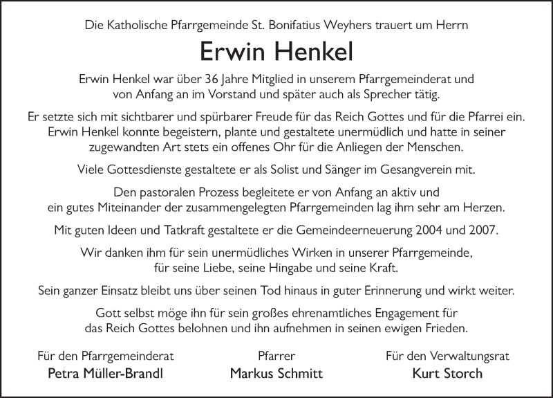  Traueranzeige für Erwin Henkel vom 24.03.2022 aus FZ