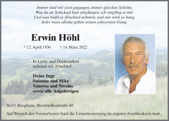 Traueranzeige von Erwin Höhl von FZ