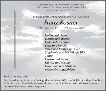 Traueranzeige von Franz Rosner von FZ
