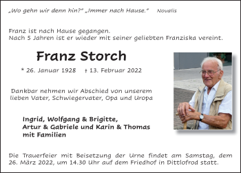 Traueranzeige von Franz Storch von FZ