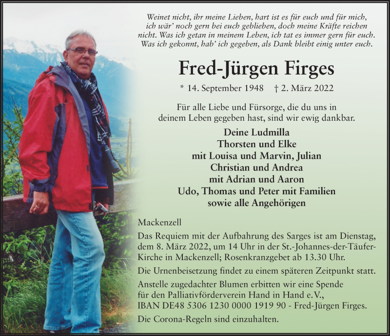  Traueranzeige für Fred-Jürgen Firges vom 05.03.2022 aus FZ