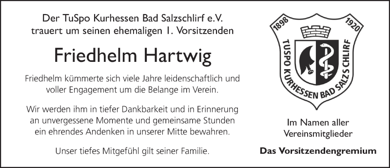  Traueranzeige für Friedhelm Hartwig vom 14.03.2022 aus FZ