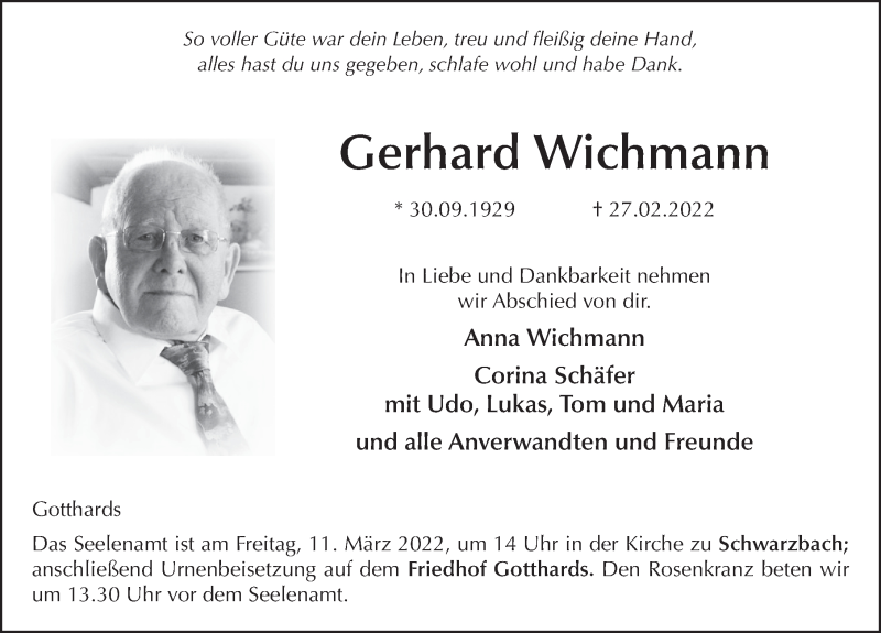  Traueranzeige für Gerhard Wichmann vom 08.03.2022 aus FZ