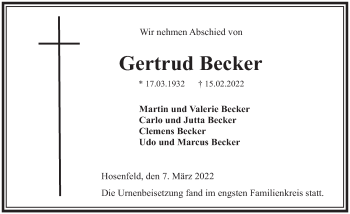 Traueranzeige von Gertrud Becker von FZ