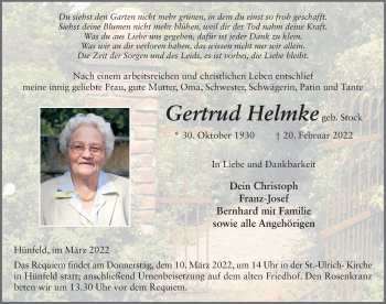 Traueranzeige von Gertrud Helmke von FZ