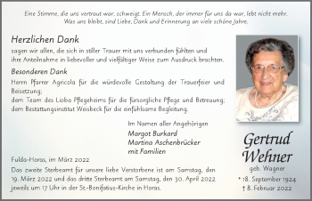 Traueranzeige von Gertrud Wehner von FZ