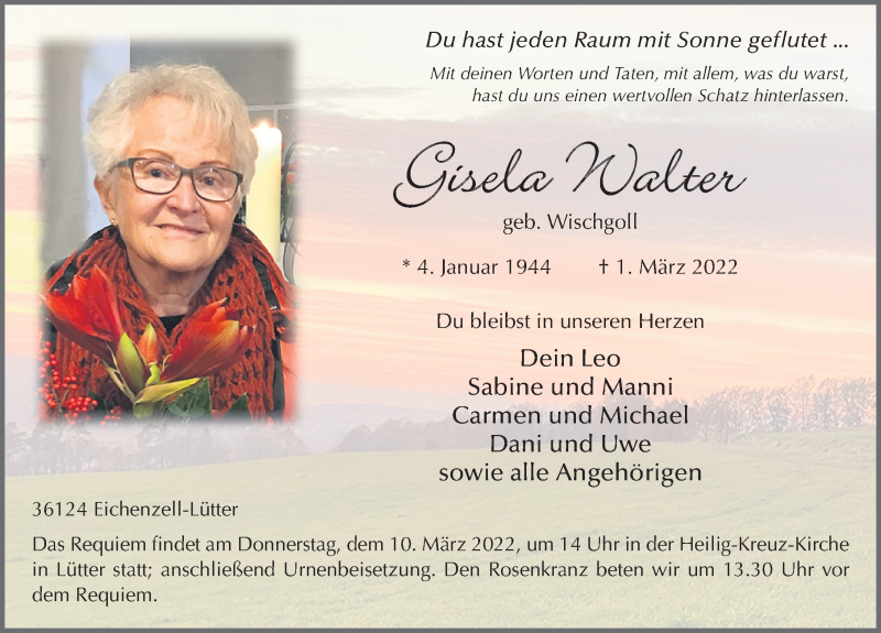  Traueranzeige für Gisela Walter vom 08.03.2022 aus FZ
