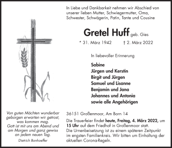 Traueranzeige von Gretel Huff von FZ