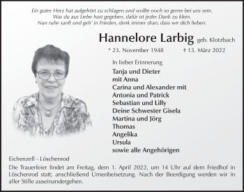 Traueranzeige von Hannelore Larbig von FZ