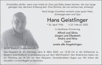 Traueranzeige von Hans Geistlinger von FZ