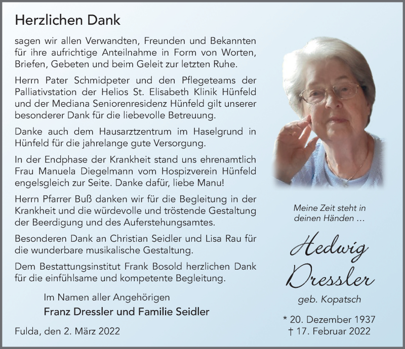  Traueranzeige für Hedwig Dressler vom 02.03.2022 aus FZ