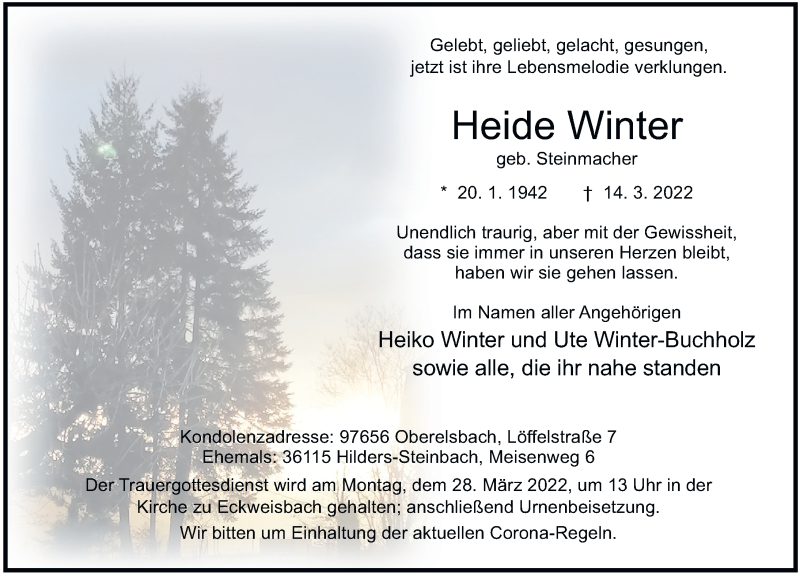  Traueranzeige für Heide Winter vom 26.03.2022 aus FZ