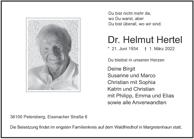  Traueranzeige für Helmut Hertel vom 04.03.2022 aus FZ