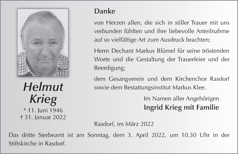  Traueranzeige für Helmut Krieg vom 31.03.2022 aus FZ