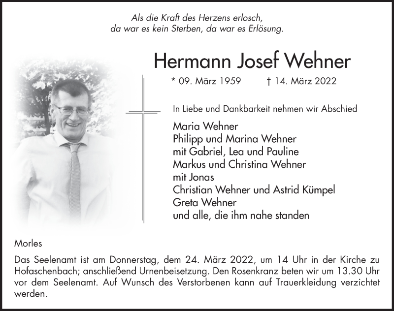  Traueranzeige für Hermann Josef Wehner vom 21.03.2022 aus FZ