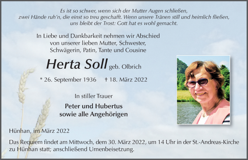  Traueranzeige für Herta Soll vom 28.03.2022 aus FZ
